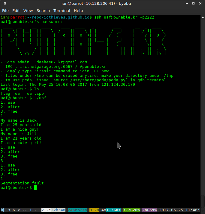 Segfault by accessing a dangling pointer.